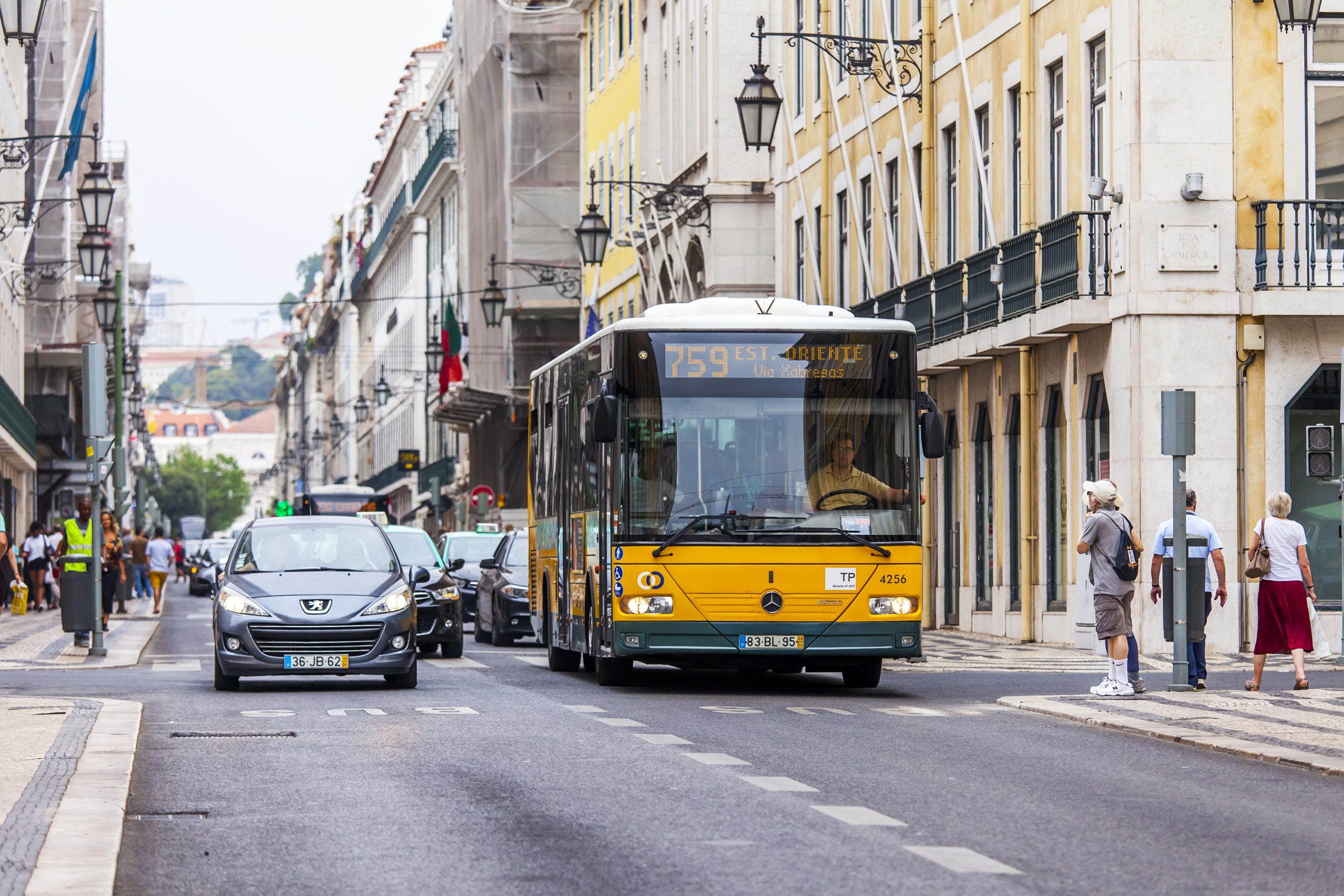 LISBON, PORTUGAL, on June 22, 2017. The bus goes on the city street to downtown