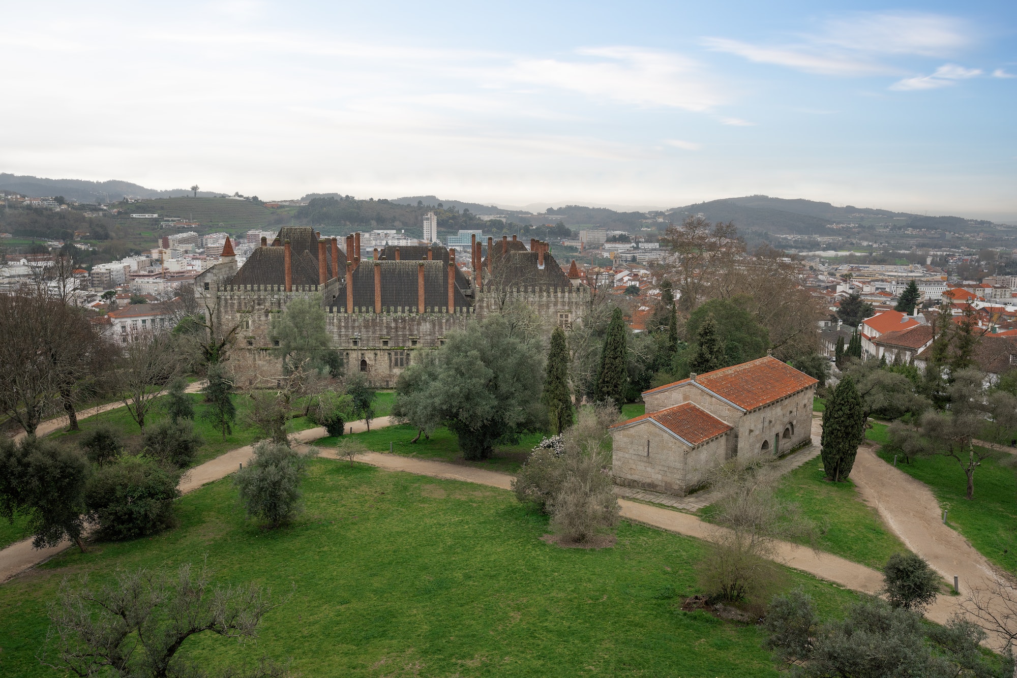 Aerial view of Sacred Hill with Palace of the Dukes of Braganza and Castle Church - Guimaraes, Portu