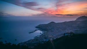 Aerial view of the Funchal, Madeira Island, Portugal at sunset