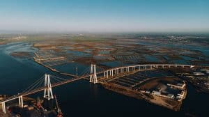 Beautiful view of the Edgar Cardoso Bridge in Figueira da Foz, Portugal