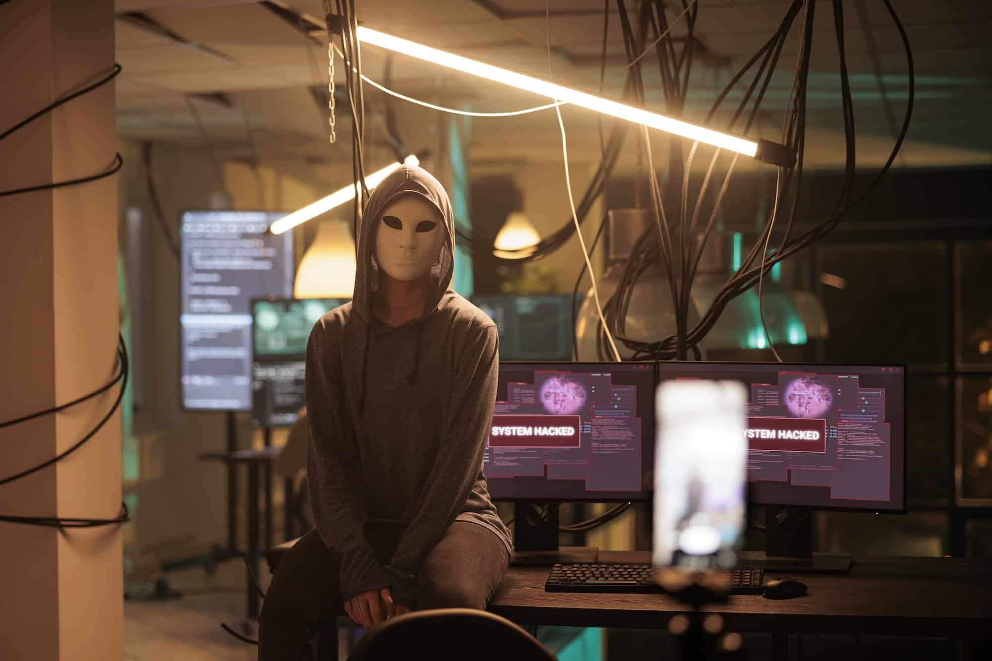 Anonymous hacker attacking database server portrait, cybercrime