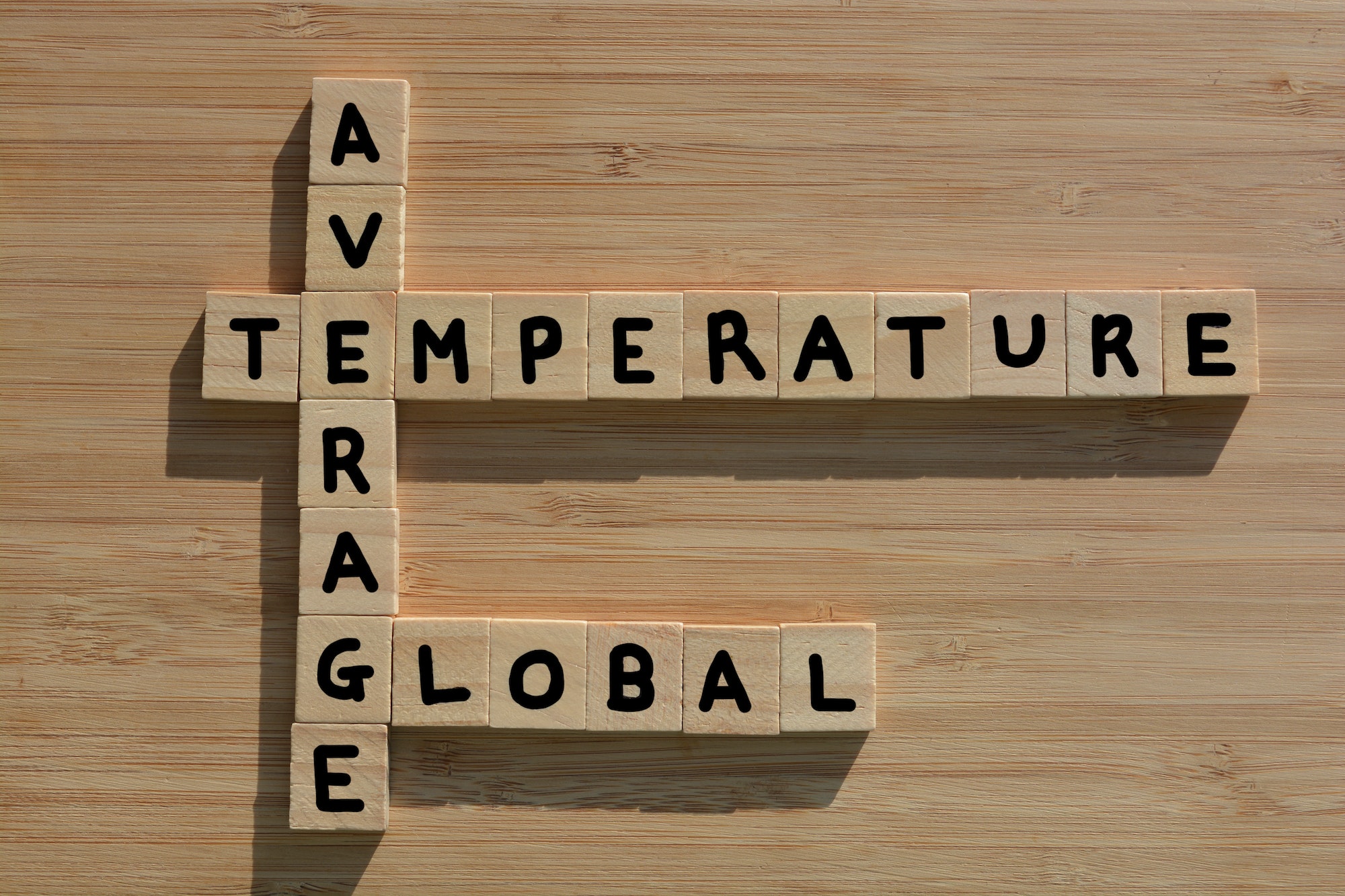 Average Global Temperature. Words in wood alphabet letters in crossword form on bamboo background