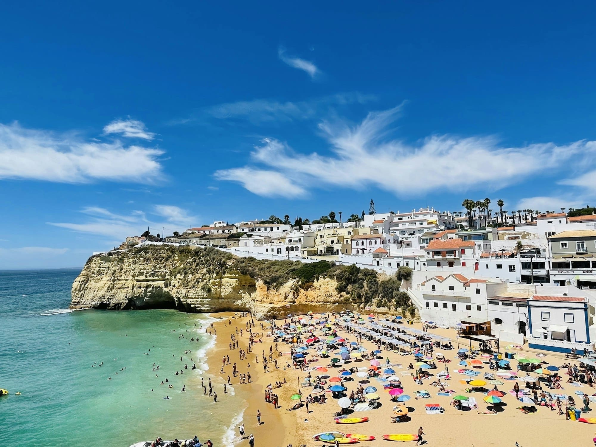 View of Carvoeiro fishing village with beautiful beach, Algarve