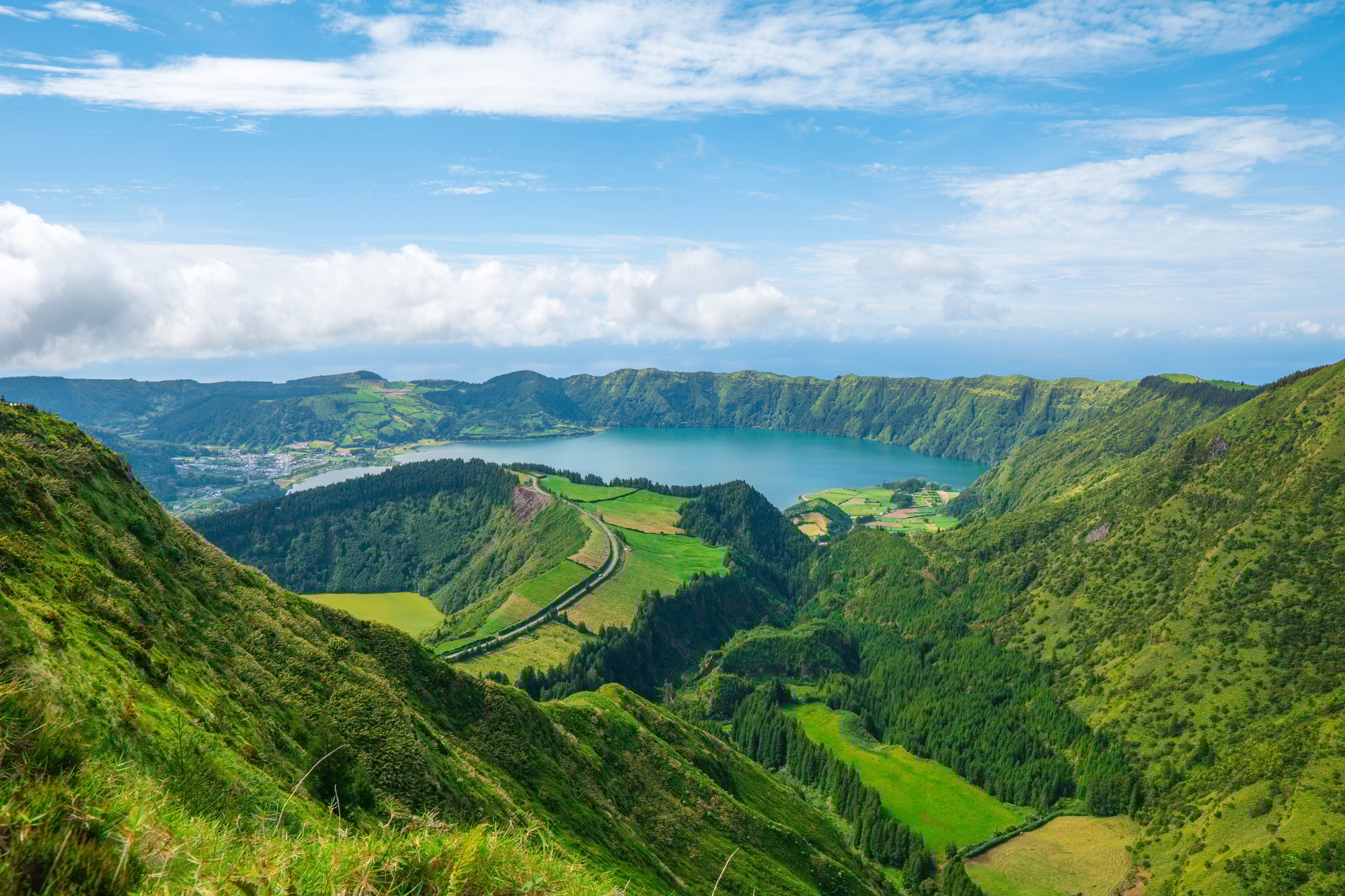 Aerial view of the Lagoa das Sete Cidades lakes on Sao Miguel Azores