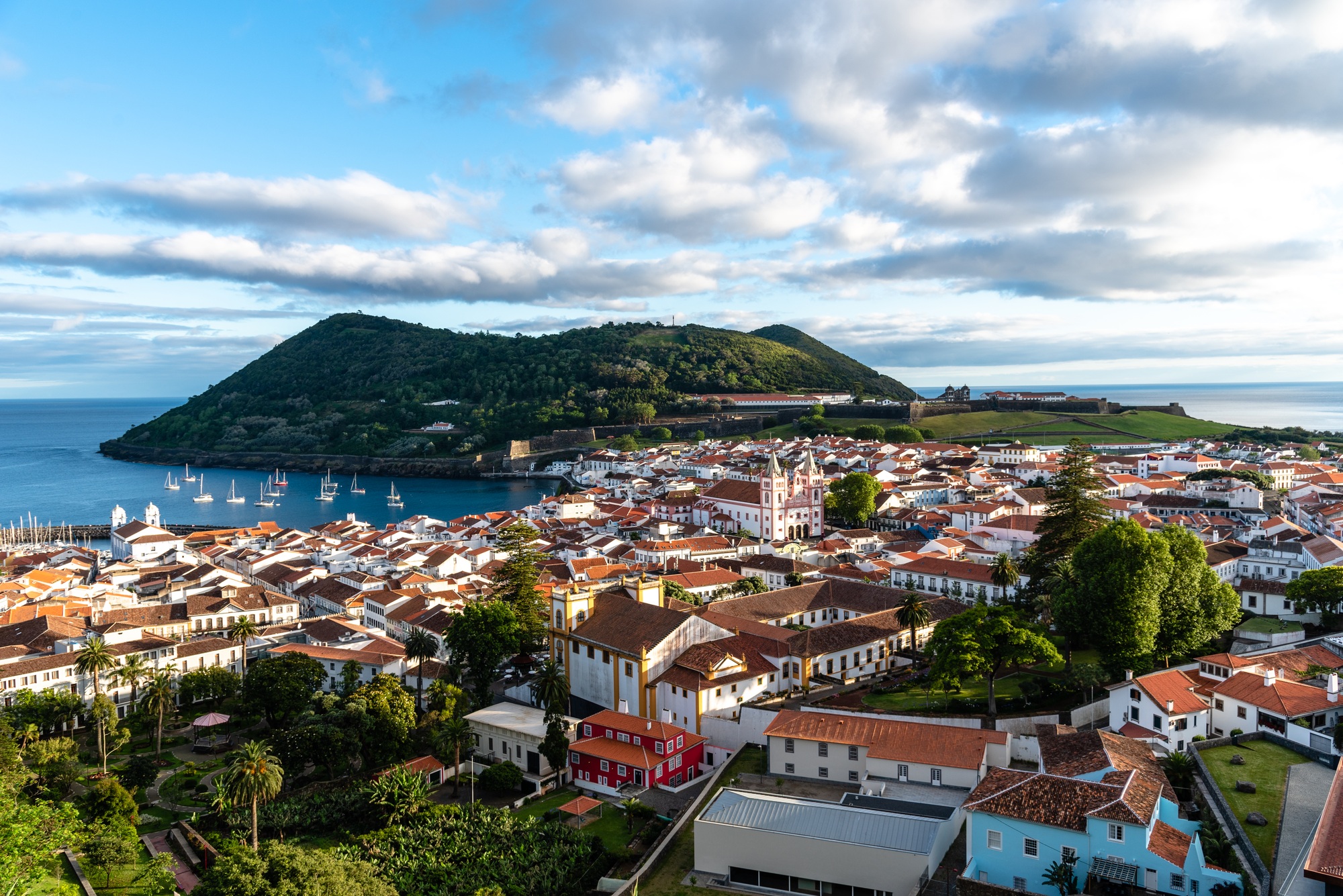 Panoramic Aerial View of the old Town and the port of Angra do Heroismo