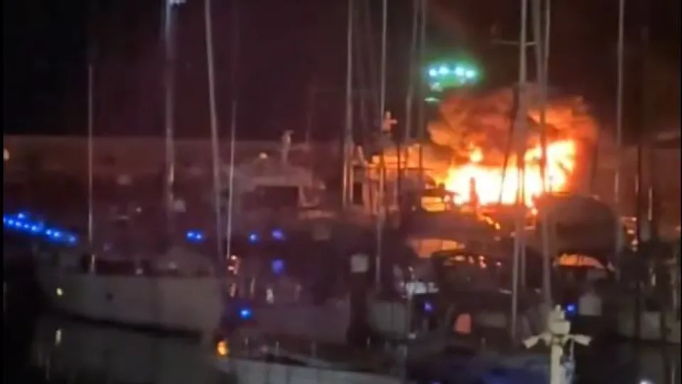 Fire breaks out on a vessel at the Cascais Marina in Lisbon