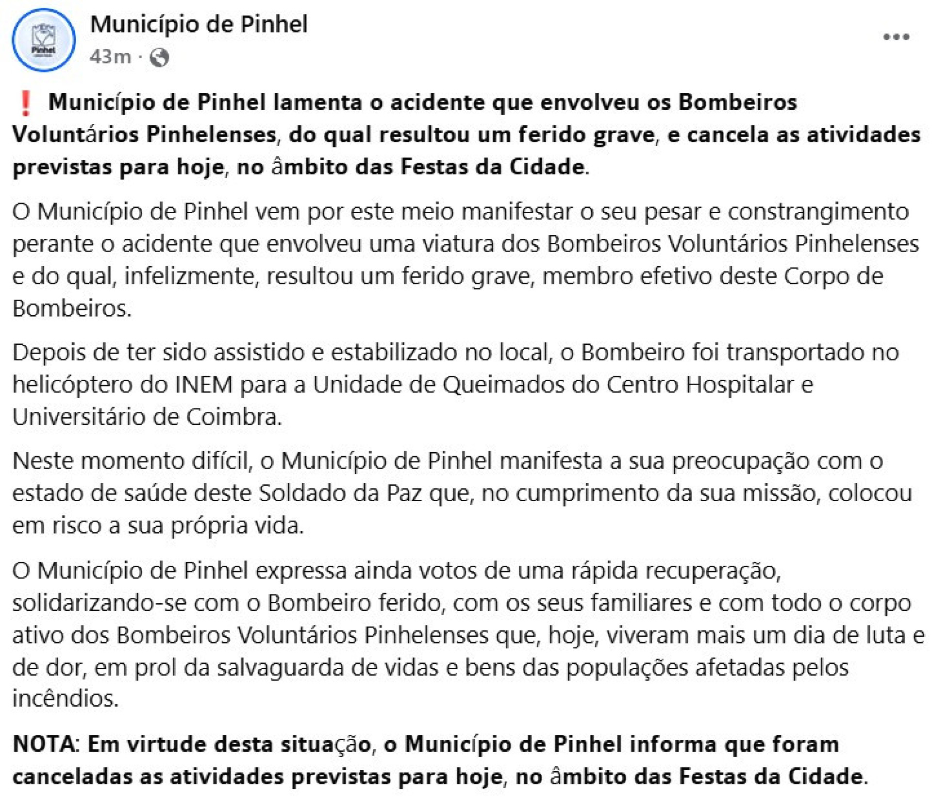 Firefighter seriously injured transported to Coimbra Hospital